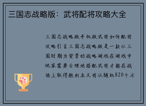 三国志战略版：武将配将攻略大全